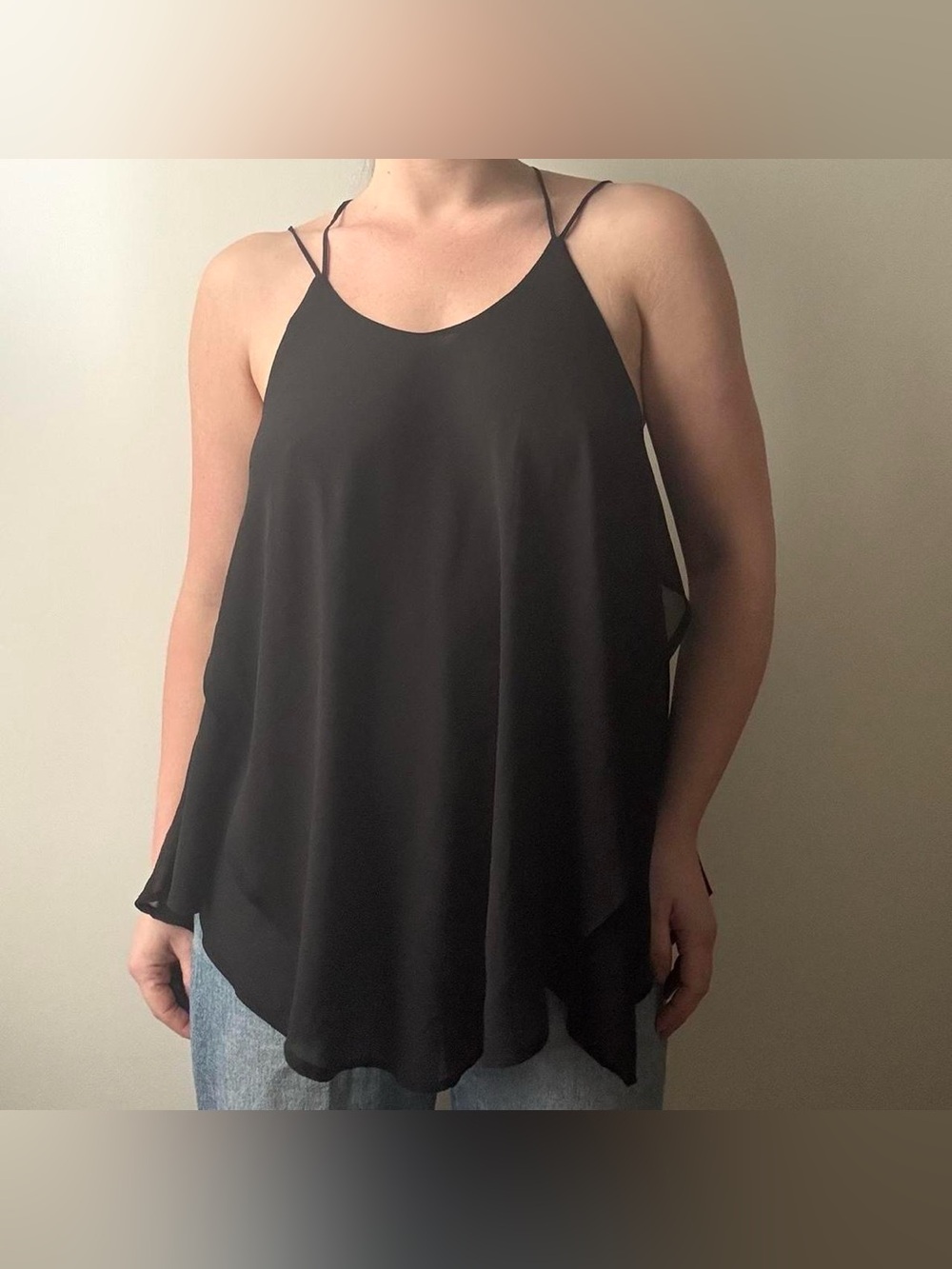 Doe & Rae strappy cross back flowy black tank top